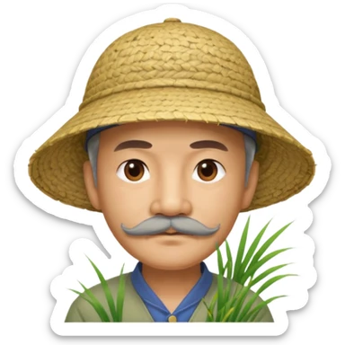 chinese man wearing rice paddy hat with mustache that looks old sticker