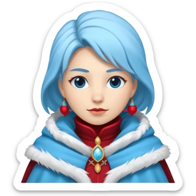 Fantasy human emoji portrait, simple winter mantle with icy blue fur trim and crimson inner fabric, northern winter aesthetic, calm heroic expression, clean flat emoji design, female variant
 sticker