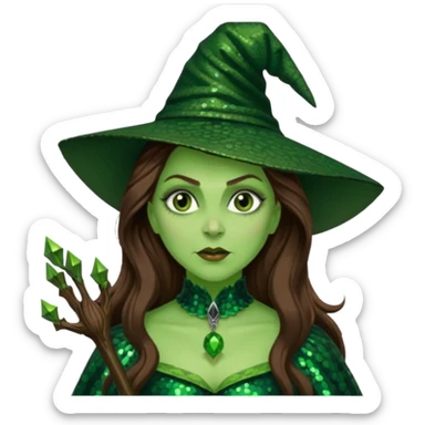 Wicked Witch of the West from the Wizard of Oz with long brown hair, dark green sequin outfit, green skin sticker
