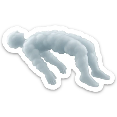 side view of unconscious person flying with torso upwards, legs and arms downwards, made of bright white fluffy clouds, matte glass style sticker