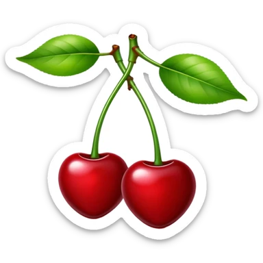 A pair of glossy red cherries with green stem and leaf sticker