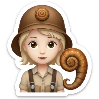 Shelly has a small, chibi-style body with a large ammonite-shaped head that looks like a beige fossil shell. One side of her head has a dark opening, making it clear she isn’t human. Her face is simple and soft, with big round eyes. She wears a brown suspender outfit over a lighter shirt sticker