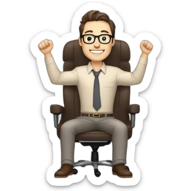 Joyful Celebrating victory Hands up Pale skinned Fit Man With dark brown hair in gray jacket, beige office shirt, Brown pants and vintage glasses sitting In a soft chair sticker