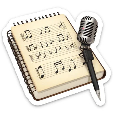 Create an emoji representing songwriting. The design should feature an open notebook or sheet music with visible lyrics between the musical notes, symbolizing the process of writing song lyrics. The text between the notes should be clearly visible. A pen or pencil should be placed near the notebook, indicating active writing. Optionally, include a single vintage microphone lying beside the notebook (not on the music notes) to add a creative touch. Use a harmonious color palette with warm and neutral tones. Do not include any emojis or smiley faces. Make the background transparent. sticker