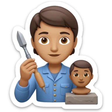 Apple Memoji-style 3D emoji of a sculptor with a small statue and chisel, smooth gradients, rounded edges, no background.during sculpting sticker