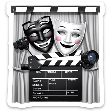 Icon for Acting in Theatre: a stage with curtains, a theater mask, a film camera, and a clapperboard. The design should represent theatrical performance and acting techniques. Transparent background. sticker