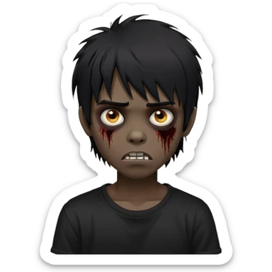 Boy, zombie, black hair, medium long, emo, shaggy, dark, spooky, creepy expression, fringe approximately to the eyebrows height, with Black t-shirt  sticker