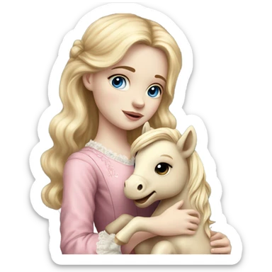 Blonde, pale skin, blue eyes girl wearing a pink dress cuddling her pony stuffed animal. She is from the Victorian era sticker