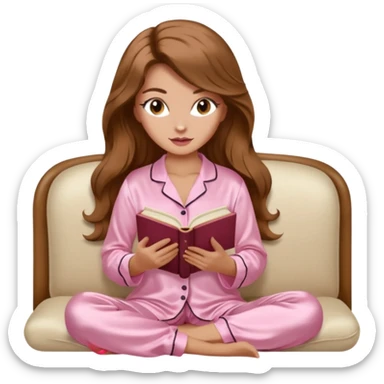 Woman with light tanned skin reading a book on Beige sofa. Long wavy brown hair. Beige ivory colour background. Light pink Silk pyjamas. Realistic person. Fox eye shape with long lashes. Pinky brown lips. sticker