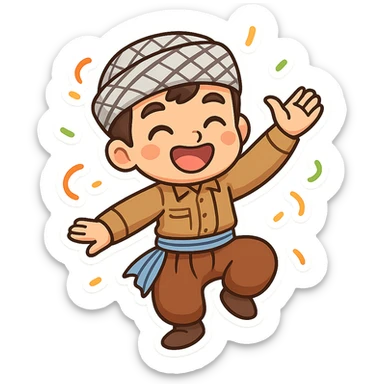 Create a colorful and cheerful Kurdish cartoon sticker in chibi style. Show the traditional Kurdish clothing and a dancing pose. The background should be transparent. Suitable for WhatsApp and Instagram. sticker