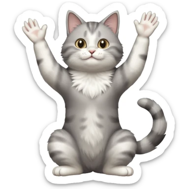 grey and white cat doing a big long stretch reaching up into the air with arms and legs side by side together sticker
