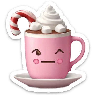 Hot chocolate in a pink mug with a candy cane and marshmallows and whipped cream  sticker