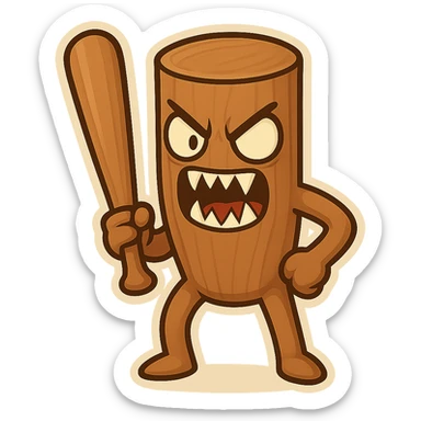 Make the chibi Tun Tun Suhoor wooden stick character look scary, with wide menacing cartoon eyes, sharp teeth, and a dramatic pose, in the chibi stickers style, with no background. sticker