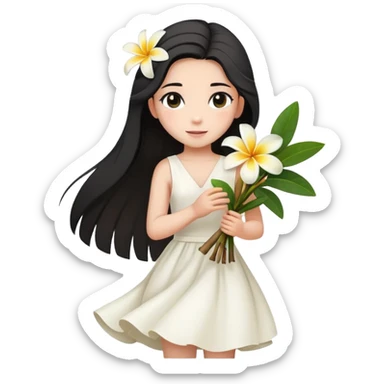  A girl with a black half-up half-down hairstyle, and a white dress, enjoying the spring breeze.Holding a bundle of frangipani sticker