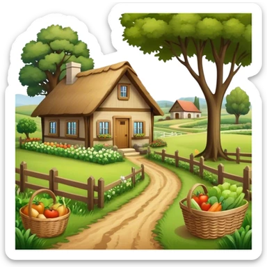 Icon for Rural Tourism: a peaceful countryside scene with a wooden cottage, a dirt path, grazing animals, and a basket of fresh produce. The icon should represent the tranquility and charm of rural life. Transparent background. sticker