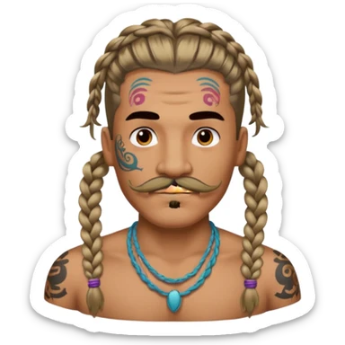 big lose braids starting from the top sides of the head man with mustache face wiith big visible loose only two braids and lots and lots of colored face tattoos colored tattoos like a tattoo artist hair unique color sticker