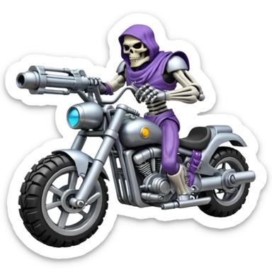  skull-headed tank mech motorcycle with four mechanical arms with guns, skeletor , tank tread lower body, aggressive expression, shiny metal with minimal color accents, preserve all proportions, pose, and details sticker