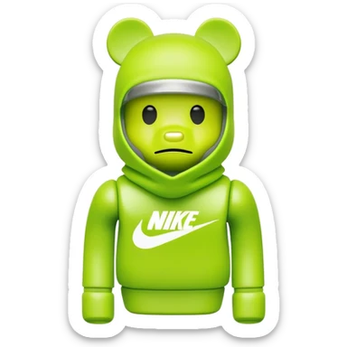 bearbrick toy wearing a lime green balaclava with a Nike swoosh logo sticker
