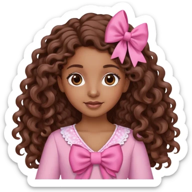 brown girl with long brown curly hair with bows in her hair waving wearing pink sticker