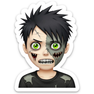 emo zombie boy with spiky black emo hair and a black shirt and grilzz  sticker
