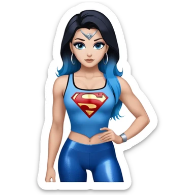 Full body with long legs-very very large chest clevage-beautiful face-black leggings-very long very straight dark blue to light blue ombre hair-and-blue eyes-a lot of black eyeliner-thick long eyelashes-sky blue low cut tanktop with glitter superman logo-silver hoop earrings sticker