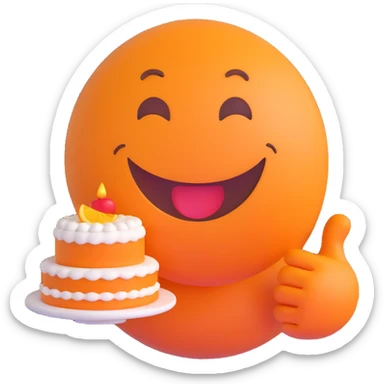 3D smiley emoji, round shape, grandmother with cake, orange color, smiling face sticker
