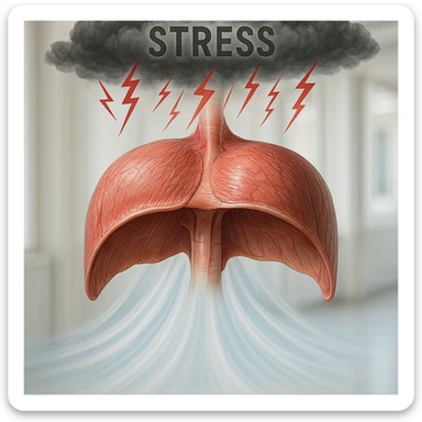 hyper realistic image of diaphragm as filter: above stress symbols like dark clouds or red lines, below clean calm air, anatomical details, visual separation effect, clinical environment, natural light sticker