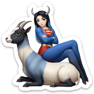 Art of a human white woman's perfect body scheme anatomy-very long and straight black to blue hair ombre with tiny goat antlers-leanimg back-on knees-superman to her right  sticker