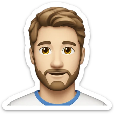 A handsome 25 year old man with fairly short brown hair, blue eyes, a very light goatee beard sticker