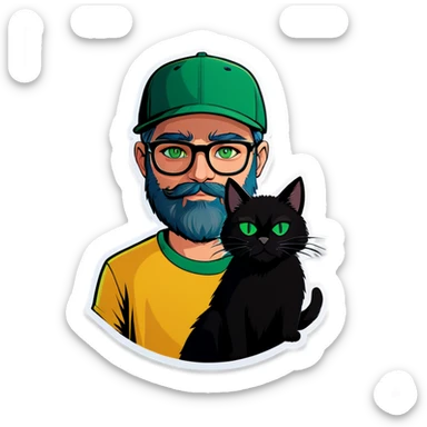 A bold man with a grey baseball cap, green eyes, big beard and glasses holding a black cat sticker