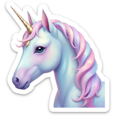 Beautiful and Majestic Unicorn Pony Portrait Emoji, Head and body radiating gentle magic with a soft pastel color, a delicately sparkling horn and eyes gently closed in peaceful wonder, Simplified yet exquisitely endearing features, highly detailed, glowing with a soft, ethereal light, high shine, serene and utterly majestic, stylized with an air of fairy-tale regality, soft glowing outline, capturing the essence of a beautiful and majestic unicorn pony that embodies the enchanting spirit of a dream! sticker