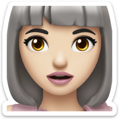 pale skinned girl with brown eyes and black long hair with bangs and black smokey eyeliner with ligjt pink lips holding a fist up to the camera with an angry face sticker