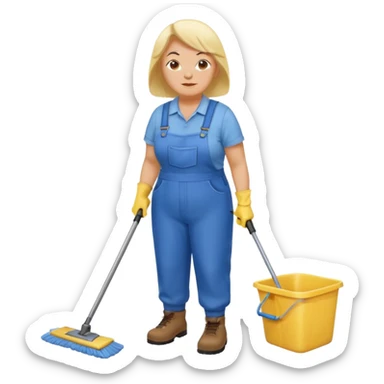 old and fat women, Custodian with yellow rubber gloves, white T-shirt, blue overalls, mopping floor sticker