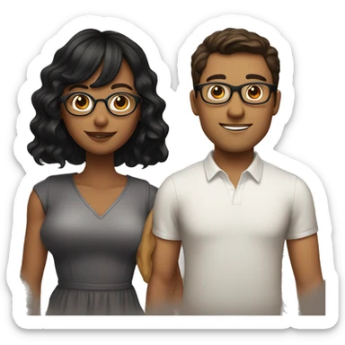 a couple. woman with wavy black hair and bangs. man with brown middle part and glasses sticker