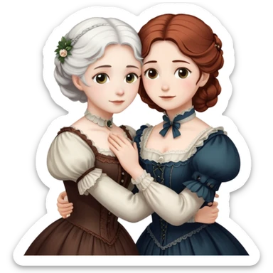 Two Victorian era women hugging each other closely, one with white hair and one with dark copper colored hair, both wearing Victorian period dresses sticker