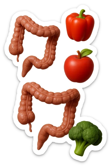 emoji stile iphone in 3d di cibo sano che fluttua in aria vericalmente insieme a pezzi di colon umano anatomico, iperrealistico 4k sticker