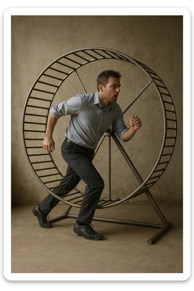 uomo che corre dentro la ruota del criceto come un circolo vizioso immagine realistica sticker