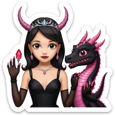 low cut back black evening gown with see-through gloves, Jenna Ortega as Addams woman prom queen wearing a mini tiara, very large blood  pink evil-looking horned old dragon companion sticker