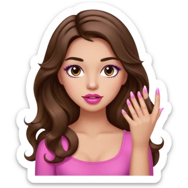 girl with long wavy brown hair, brown eyes, light to medium complexion, in a pink sexy top, pink puckered lips, long lashes, showing a manicure sticker