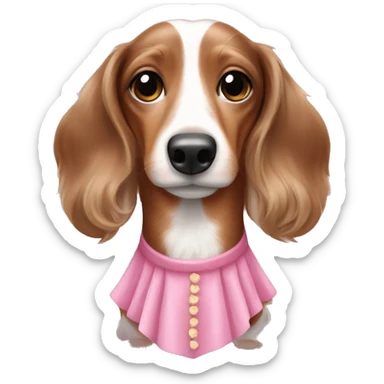 Dachshund dapple brown and white long hair with pink dress sticker