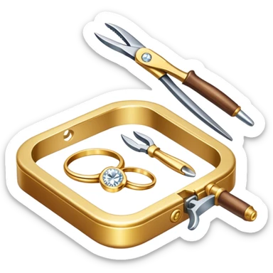 Create a bright and detailed icon representing jewelry art and the craft of making jewelry. The design should feature elements like a sparkling diamond, a gold ring, a jeweler’s tools (such as pliers and a workbench), and some delicate detailing that conveys craftsmanship and luxury. The icon should be clean, vibrant, and visually striking, with a balance of sophistication and creativity. sticker