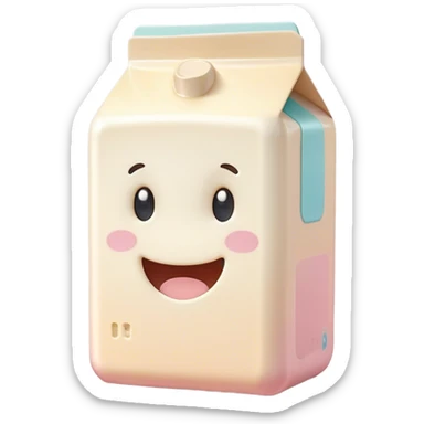 Cinematic adorable milk carton, soft pastel colors, tiny rounded edges, chubby smiling face, warm glowing highlights, gently tilting in a playful pose. sticker