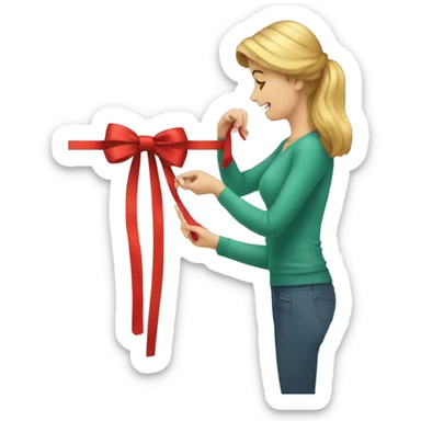 Woman learning how to tie a Christmas bow for a present sticker