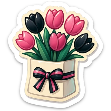 black and pink tulips bouquet in a white paper bag, tied with a black and pink striped ribbon, retro stickers style, colorful, bold, and playful sticker