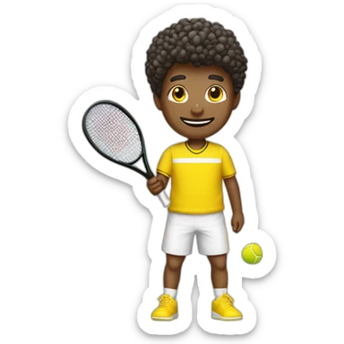 Ragazzo riccio con maglietta gialla gioca stanco con una racchetta da tennis sticker