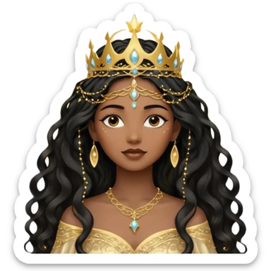 a black beautiful angel with gold pattern on her face and and long wavy black hair, she wears a ethereal crown with sparkling strings and a beautiful sparkling golden gown with moon crest in the middle of the gown, her face calm, gentle and kind, magical aura around her sticker