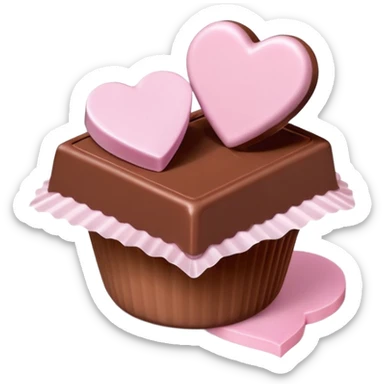 Two square milk chocolate pralines only, Each praline is a sharp-edged cube with smooth glossy chocolate coating, placed in a small white fluted paper candy cup. On top of each cube is a flat pastel pink heart-shaped icing, thin and smooth, slightly translucent, with fine sugar crystal sparkle. sticker