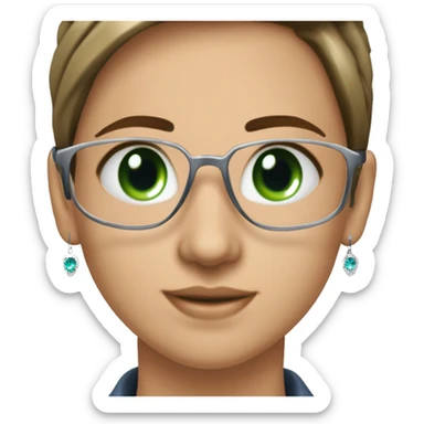 Junge Brünette Jura Studentin mit 2 Zöpfen, business casual gekleidet, Silber Schmuck und silberne Ohrringe. Kleines süßes Gesicht mit blau grünen Augen  sticker