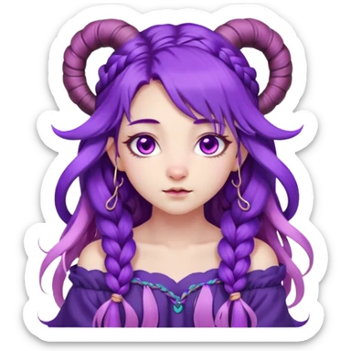 1 girl, long flowing purple hair with braided strands, vibrant and soft color palette, inspired by spirit blossom theme, long hair, loose wave straight haircut, sheep horns, pink eyes, young, skinny, japanese themed,  blossom, league of legends character, shy expression, blush, (off shoulder) sticker