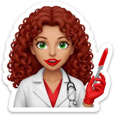 Lilith symbol sexy evil woman. She has green eyes.  had brown long curly hair.  evil surgeon kills with scalpel wears red sexy doctor coat with red mouth cover red gloves. Covers nose, neck  and mouth with Muslim red berka sticker